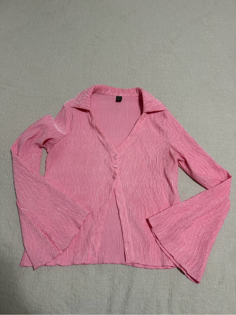 SHEIN Pink Crinkle V-Neck Button Front Bell Sleeve Top